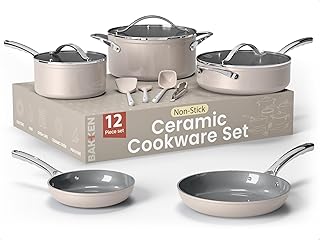 Bakken 12-Piece Aluminum Cookware Set with Ceramic Nonstick Coating, PTFE & PFAS Free, All Stovetop Safe Up To 500°F, Pots and Pans Set with Lids, Silicone Utensils Included, Dishwasher Safe, Cream