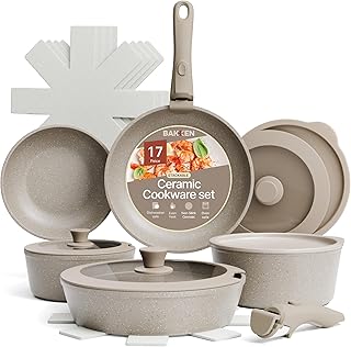 Bakken 17-Piece Ceramic Coated Aluminum Cookware Set, Nonstick Pots and Pans with Lids, Silicone Cooking Utensils & Oven Mitts, All Stovetop Safe Up To 500°F, PTFE & PFAS Free, Dishwasher Safe