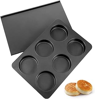 6 Cup Straight Side Jumbo English Muffin Cupcake Pan with Lid Hamburger Burger Bun Egg Sandwich Frittata Cinnamon Roll Focaccia Quiche Pancake Nonstick Baking Tin Tray Mold