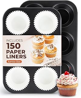 CARTMAN 2-Pack Jumbo Muffin Pan with 150 Cupcake Liners, Nonstick 6-Cup Large Muffin Tin for Baking, Food-Grade Carbon Steel Cupcake Pan for XL Treats & Egg Bites, Perfect for Family Breakfasts