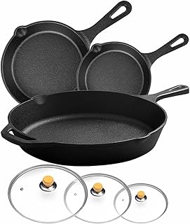 Cast Iron Skillet Set - 8" + 10" + 12"-Inch with Temperd Glass Lids Frying Pans - Use Indoor/Outdoor, Oven, Grill, Stove, BBQ, Fire, Induction - Kitchen/Camping Cookware