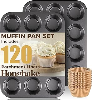 HONGBAKE Muffin Pans with 120 Liners, Cupcake Tins Nonstick 12, Premium Baking Tray, Standard Size, 2 Pack, Dark Grey