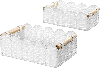 2 Pack Scalloped Wicker Basket Paper Rope Storage Baskets with Wooden Handles Hand-Woven Organizer Bin Wicker Storage Baskets for Organizing, Home Decor (White)