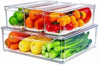 4 Pack Fridge Organizer, Stackable Refrigerator Organizer Bins with Lids, BPA-Free Fridge Organizers and Storage Containers for Fruit, Vegetable, Food, Drinks, Cereals, Clear