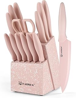 Knife Set, KATISUN 15 Pieces Knives Sets for Kitchen with Block, Dishwasher Safe Kitchen Knife Set with Built in Sharpener Block, German Stainless Steel Knife Block Set with Pink Nonstick Coating