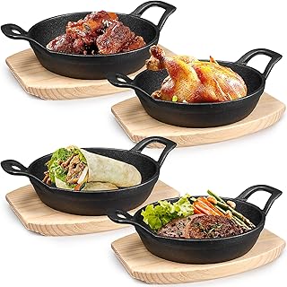 4 Sets Mini Cast Iron Skillet, 6.3 Inch Cast Iron Plates Skillet with Wooden Base, Small Round Ramekin Set Black Casserole Dish Cookware Oven Safe for Kitchen Indoor Outdoor Picnic