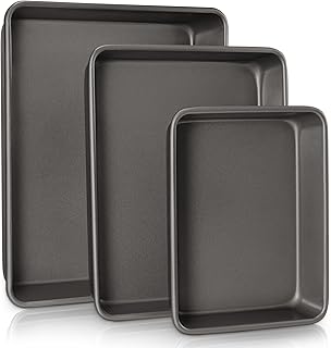 HONGBAKE Deep Baking Pans Set for Oven, Nonstick Rectangle Sheet Cake Baking Pans, 13/11/9 Inch Rectangular Oven Tray for Cooking Brownie Lasagna, Stackable Multi-Depth Bakeware, Black