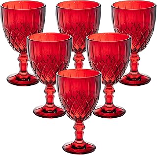 Vintage Wine Glasses Set of 6, 11 Ounces Colored Glass Water Goblets, Colorful Unique Embossed Pattern High Clear Stemmed Glassware Wedding Party Bar Glass Drinking Cups Red Fancy Glasses