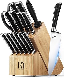 Knife Set, 15 Pcs Knife Block Set, Enduring Razor-Sharp High Carbon Stainless Steel Chef Knife Set with Block and Sharpener, Premium Knives Set for Kitchen