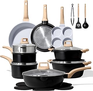 CAROTE 21pcs Pots and Pans Set Nonstick, Cookware Set Black Induction Kitchen Cooking Set w/Frying Pans & Saucepans(PFOS, PFOA Free)