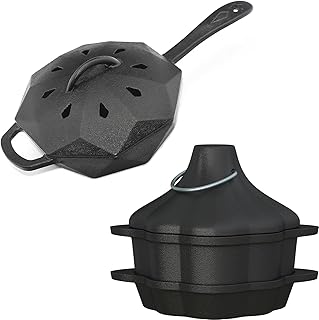 Cast Iron Cookware Set with Lid & Smoker Box - Pre-Seasoned Cast Iron Skillet Pack of 2, Oven/Grill/Stovetop Safe, Includes Scraper & Silicone Gloves