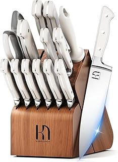 15 Pcs Kitchen Knife Block Set, Enduring Razor-Sharp High Carbon Stainless Steel Chef Knife Set with Block and Sharpener, Premium Knife Set for Kitchen, White Acacia