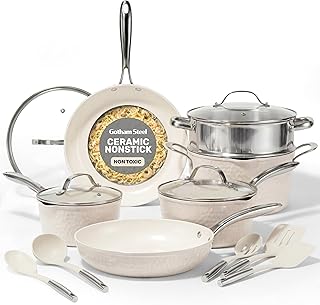 Gotham Steel Hammered 15 Pc Ceramic Cookware Set Nonstick, Pots and Pans Set Non Stick with Induction Cookware, Cooking Utensils & Steamer, Non Toxic PFOA PFOS Free, Oven & Dishwasher Safe