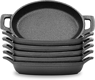 6 Pack Cast Iron Skillets, Matte Black Casserole Dish Set, Sizzling Plate for Cooking, Oval Serving Dish with Handles, Gratin Cookware for Restaurant, Barbecue, Picnic, Food Service, 4.7 x 8.8 Inch