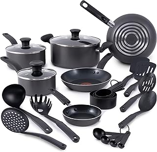 T-fal Initiatives Nonstick Cookware Set 18 Piece, Oven Broiler Safe 350F, Kitchen Cooking Set w/Fry Pans, Saucepans, Stockpots, Skillet, Spoons, Lids Pots and Pans Set, Dishwasher Safe, Stone Grey