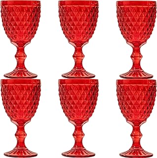 Vintage Wine Glasses Set of 6, 10 Ounce Colored Glass Water Goblets, Unique Embossed Pattern High Clear Stemmed Glassware Wedding Party Bar Glass Drinking Cups Diamond Red