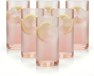 Physkoa Peach Ribbed Drinking Glasses Set of 6 – Vintage Embossed Highball Glassware, Thick Premium Tumbler Cups for Water, Cocktails, Iced Coffee, Modern Kitchen Bar Gift Set
