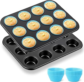 2 Set Non Stick 12-cup Carbon Steel Muffin Pan for Baking with 24 Reusable Silicone Liners, Regular Size Non Toxic Cupcake Pan Muffin Tin for Brownies Egg Bite, Easy to Pop Oven Safe(Blue)