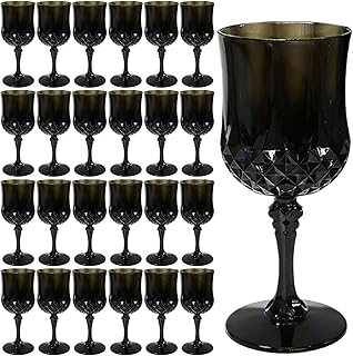 24 Pack 7 oz Vintage Plastic Wine Glasses Goblet Set, Unbreakable Black Champagne Flutes Cordial Drinking Water Glasses, Bulk Wine Drinkware for Wedding Reception Bar Party Favors Supplies