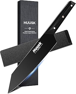 Huusk Chef Knife, Black Kitchen Knives with Sheath, Japanese Knives with Ergonomic Handle, Sharp Cooking Knife, Gifts for Men and Women