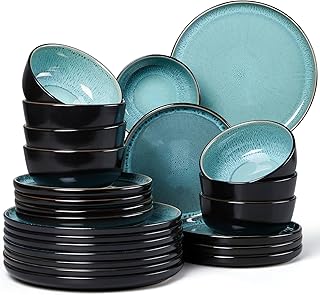 LIANYU 24 Piece Dinnerware Sets for 8, Modern Stoneware Plates and Bowls, Ceramic Round Dinner Dinning Ware Set, Dishwasher and Microwave Safe Dishes Set for Family Dinner, Pastel Turquoise