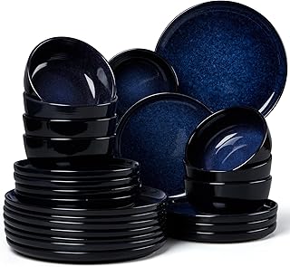LIANYU 24 Piece Dinnerware Plate and Bowls Dishes Sets for 8, Modern Stoneware Ceramic Set, Kitchen Round Dinning Ware Dishware Set, Dishwasher and Microwave Safe, Midnight Blue