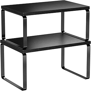 Simple Trending Cabinet Organizer Shelf, Set of 2 Stackable Kitchen Counter Shelves, Expandable Spice Rack Kitchen Storage Riser, Metal Engineered Wood, Black