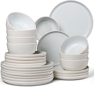 LIANYU Stoneware Dinnerware Sets for 8, 24 Piece Ceramic Plates and Bowls Set for 8, Kitchen Dishes Set, Modern Dinning Ware Dishware Set, Dishwasher and Microwave Safe Dinner Salad Plates, Dusk White