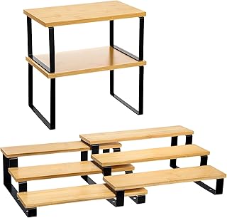 Marsui 4 Pcs Cabinet Organizer, Display Risers, 3-tier Cupcake Stand Holder Kitchen Storage, Kitchen Counter Shelves, Spice Rack, Stackable, Metal and Bamboo Shelf Risers for Figures, Dessert Shelves