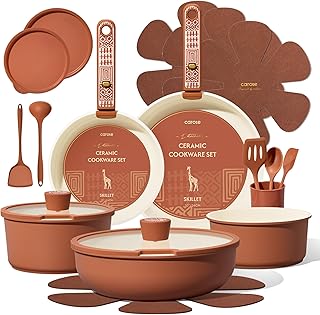 CAROTE 21-Piece Ceramic Cookware Set, Nonstick Pots and Pans Set with Detachable Handle, Non-Toxic Kitchen Cooking Set, Induction Compatible, Dishwasher & Oven Safe, Terracotta