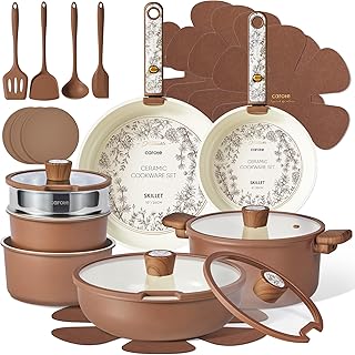 CAROTE 25-Piece Ceramic Cookware Set, Nonstick Pots and Pans Set with Detachable Handle, Non-Toxic Kitchen Cooking Set, Dishwasher & Oven Safe, Induction Compatible, PFAS Free, Chocolate