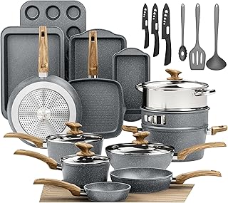 DishDelight Induction Pots and Pans Set Non Stick, 30 Piece Nonstick Kitchen Cookware Sets, Nonstick Granite Cooking Set Induction Pots and Pans, Grey