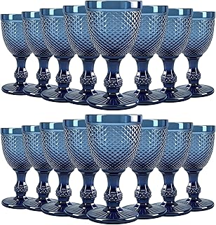 16 Pcs Blue Glass Goblets Set Embossed Diamond Design Glassware with Stem 10 oz High Clear Wine Glass Vintage Water Cups for Drinking Liquor Juice Wedding Party Bar