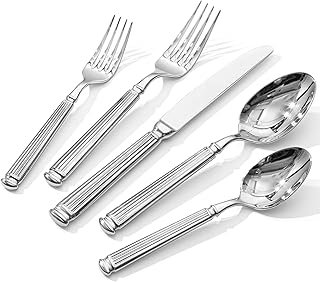 KINGSTONE Silverware Set, 30-Piece 18/10 Stainless Steel Flatware Set - Roman Column Embossed Thick Handle, for Wedding, Home, Restaurant, Kitchen and Party, Mirror Polish & Dishwasher Safe