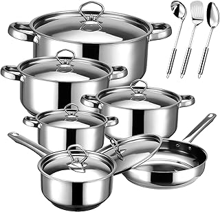 Stainless Steel Cookware Set - 15 Piece Stainless Steel Pots and Pans Set, Includes 6 Pots and Pans, 6 Lids and 3 Utensils, Fixed Handles, Induction Safe and Dishwasher Safe