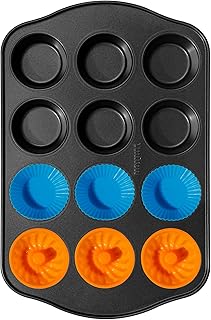 Nonstick Muffin Pan with 12 Silicone Baking Cups, Carbon Steel Muffin Tin for Muffins, Cupcakes, Egg Bites and more, Non Toxic, Easy to Clean, Dishwasher Safe, Foggy Gray