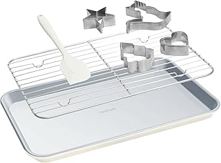 7PCS Ceramic-Coated Baking Sheet Set - 10x15in Jelly Roll Pan Non-Stick Cookie Sheet with Wire Rack, Silicone Spatula & 4 Cookie Cutters, PFAS Free, Oven Safe (550°F), Sunshine Cream