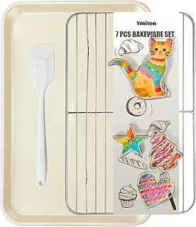 7PCS Nonstick Baking Sheet Set - 10x15in Jelly Roll Pan with Wire Rack, Silicone Spatula & 4 Cookie Cutters, Thickened Carbon Steel, Oven Safe 450°C, Sunshine Cream