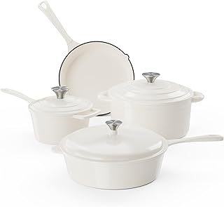 Kitchen Academy Enameled Cast Iron Cookware Sets - 7Pcs Pots and Pans Set Non Stick & Non Toxic, Induction Cooking Pots Set, PFOA&PFAS Free(Beige)