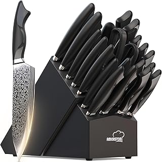 Amorston 22 Pieces Knife Set, Laser Engraved High Carbon Stainless Steel Knife Block Set, Full Tang Professional Kitchen Knife Set with Built-in Sharpener