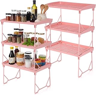 6 Pack Pink Stackable Plastic Kitchen Storage Shelf Foldable Racks, Pantry Shelf Cabinet Organizers, Expandable Storage Rack for Cabinet Fridge Bathroom (Plastic)