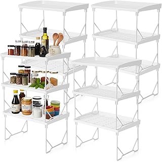 12 Pack White Stackable Plastic Kitchen Storage Shelf Foldable Racks, Pantry Shelf Cabinet Organizers, Expandable Storage Rack for Cabinet Fridge Bathroom (Plastic)