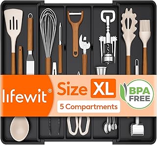 Lifewit Utensil Organizer for Kitchen Drawers, Expandable Cooking Utensil Tray, Adjustable Cutlery Silverware Flatware Holder, Plastic Spatula Tools Storage Divider, Black, 12.9"-22.8" x 16.5"