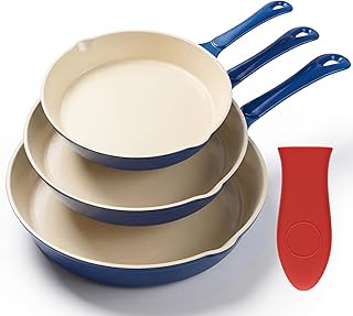 Enameled Cast Iron Skillet 3-Piece Set, Nonstick Heavy-Duty 11", 10", 8.6" Frying Pan, Oven & Induction Safe, Cookware for Gas, Electric, Ceramic Stovetops​, Blue
