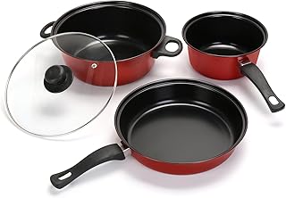 Non-Stick Cookware Set, 4 Piece Set Portable Lightweight Cast Iron Pots and Pans with Glass Lids and Nylon Utensils for Outdoor Travel Camping Picnic