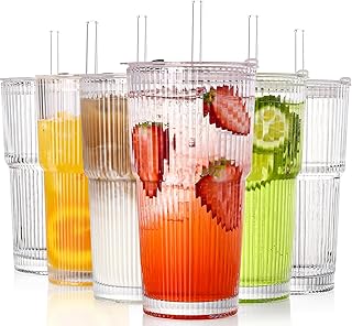 4PCS Ribbed Glass Cups with Lids and Straws, 20oz Vintage Drinking Glasses, Aesthetic Iced Coffee Cups, Glass Tumbler for Boba, Beer, Tea, Cocktails, Ribbed Glassware Set (Clear-6)