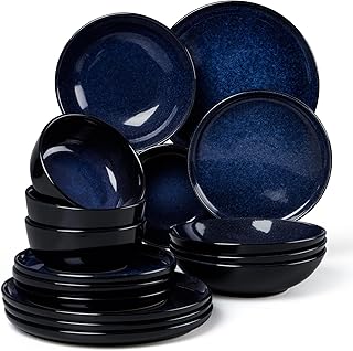 LIANYU Stoneware Dinnerware Sets with Pasta Bowls, 16 Piece Plates and Bowls Dishes Set for 4, Dishwasher Safe Dining Ware Dishware for Home Kitchen, Microwave Safe, Midnight Blue