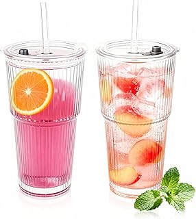 20oz Glass Tumblers with Lids and Straws, Set of 2, Reusable Iced Coffee Cups, Vintage Drinking Glasses, Ribbed Glassware for Whiskey Cocktail Beer, Juice, Style Glasses for Party, Gifts