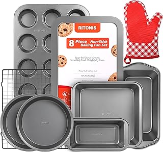 8-Piece Baking Pan Set, Non-stick Stacker Non-Toxic Oven Pan Set for Cooking, Includes Round/Square Cake Pan, Bread Pan, Muffin Pan, Cookie Sheet,cooling rack，with One Baking Glove