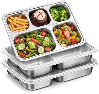3-Pack Stainless Steel Snack Containers with Lids, 5 Compartments Bento Boxes, Reusable Meal Prep Lunch Containers, Divided Food Storage Container for Home Travel Office, 18/8 Stainless Steel